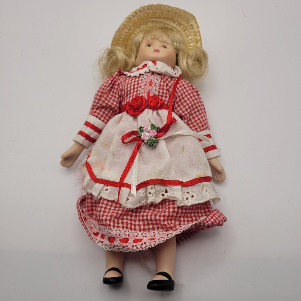 Vintage Porcelain Doll Red Gingham Dress Straw Hat Blonde Hair Collectible